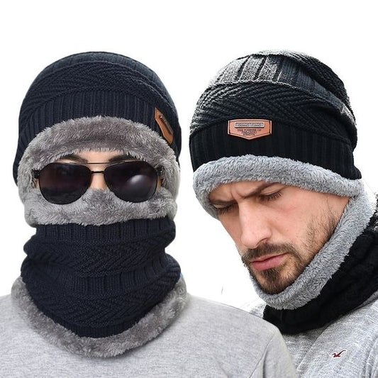 Knit Woolen Warm Cap with Neck Scarf Set Beanie
