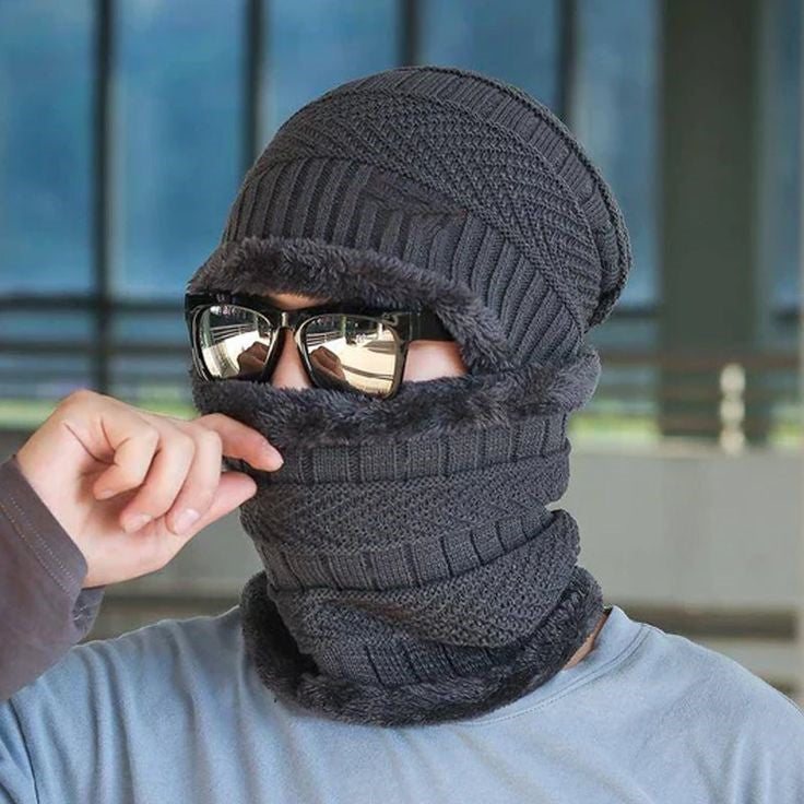 Knit Woolen Warm Cap with Neck Scarf Set Beanie