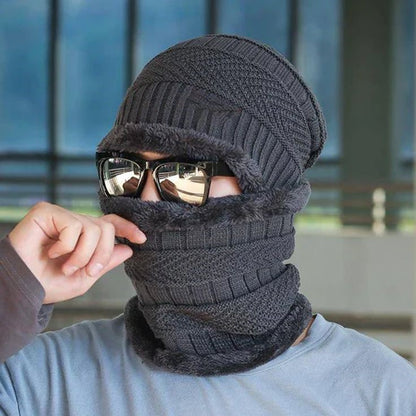 Knit Woolen Warm Cap with Neck Scarf Set Beanie