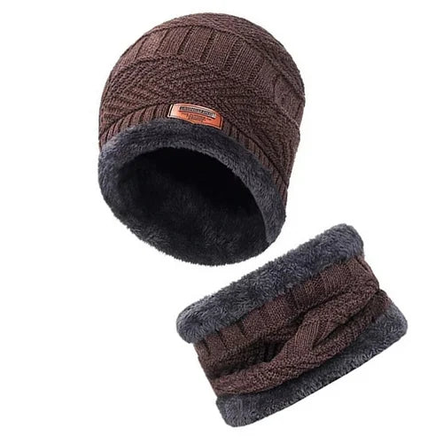 Knit Woolen Warm Cap with Neck Scarf Set Beanie