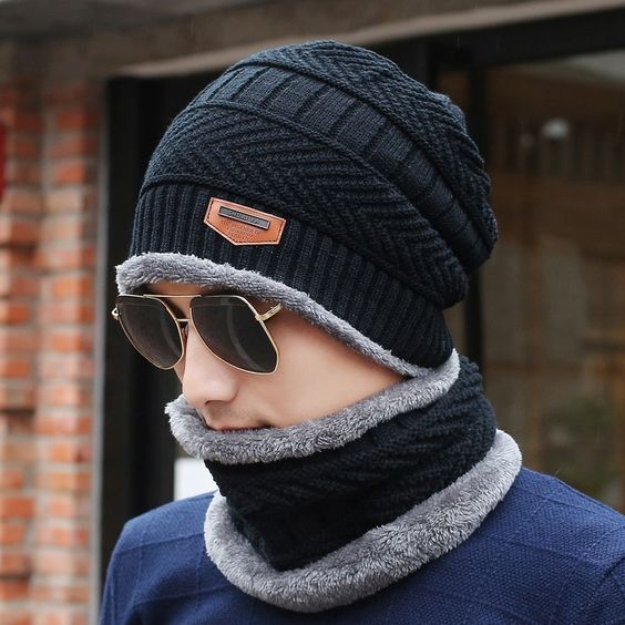 Knit Woolen Warm Cap with Neck Scarf Set Beanie