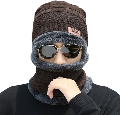 Knit Woolen Warm Cap with Neck Scarf Set Beanie