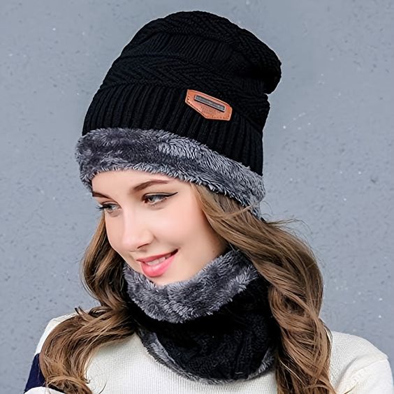 Knit Woolen Warm Cap with Neck Scarf Set Beanie