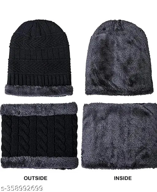 Knit Woolen Warm Cap with Neck Scarf Set Beanie