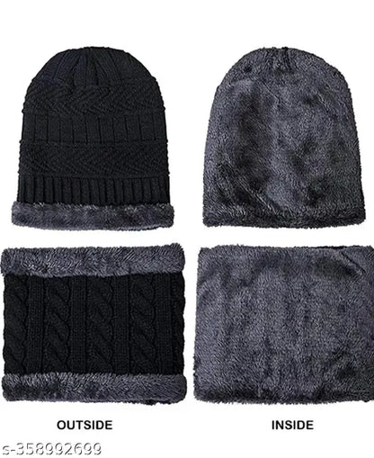 Knit Woolen Warm Cap with Neck Scarf Set Beanie