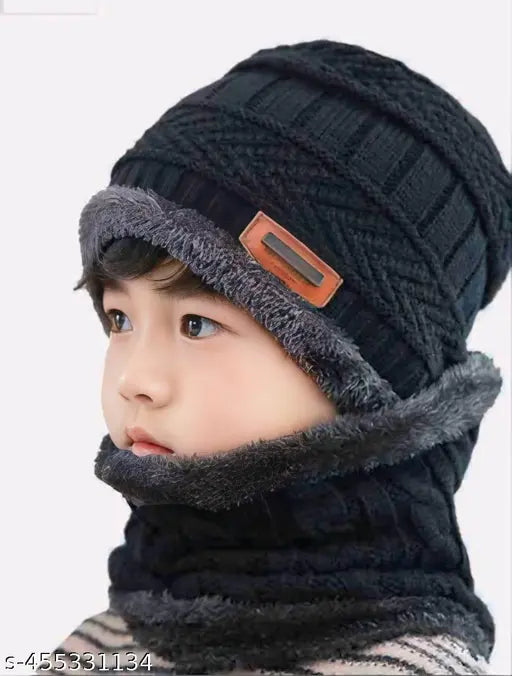 Knit Woolen Warm Cap with Neck Scarf Set Beanie
